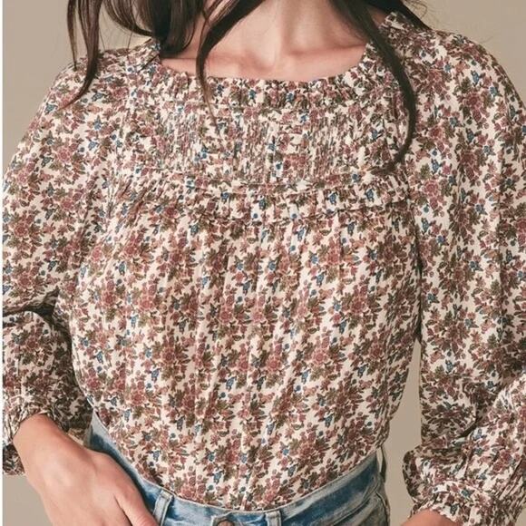 Doen Tops - Doen Agotha Floral Blouse Size Medium Creme Forest Floral